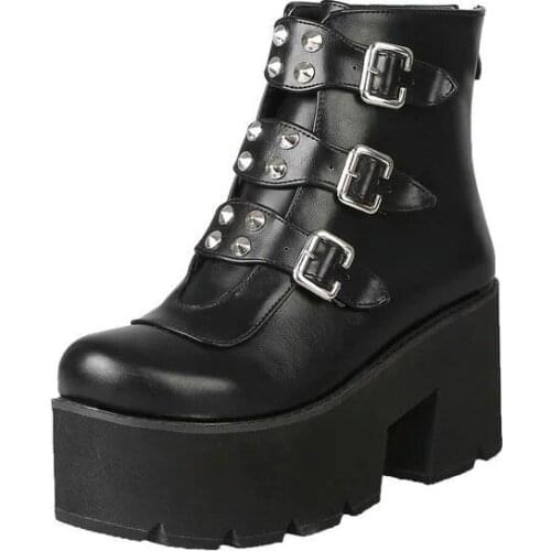 Short Tube Round Toe Womens Boots Autumn Winter 2021 Fashion Belt Buckle Rivet High Heel Platform Ladies Boots Woman Shoes