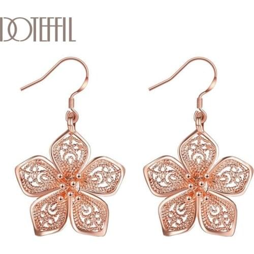 DOTEFFIL 925 Sterling Silver Rose Gold Flowers Charm Earrings For Women Jewelry Fashion Wedding Party Gift