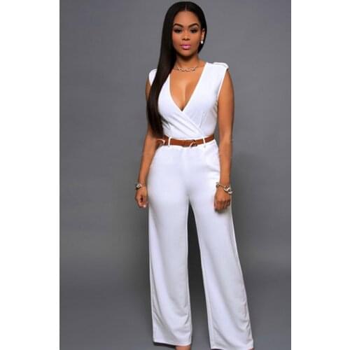 White Jumpsuit For Women V Neck Straight Pants High Waist With Belt Elegant Pantsuit Playsuit Large Size Female Bodysuit 2021