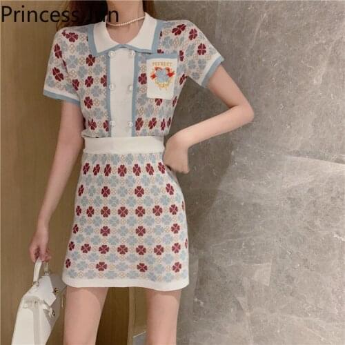 Summer Fashion Women Knit 2 Piece Sets Short Sleeve Flower Sweater Top&High Waist Mini Skirt Thin Knitted Two-piece Skirt Suits
