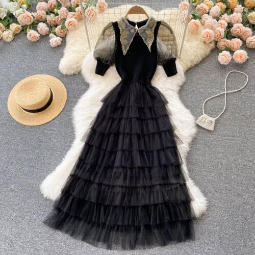 Runway Autumn Women Mesh Patchwork Ruffles Midi Dress Female Sweet Embroidery Short Sleeve Layer Cake Dress Vestidos