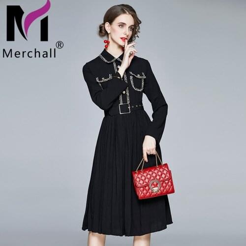 2021 Office Lady Elegant Vintage Pleated Midi Dress Shirt Collar Long Sleeve Pockets Sashes Party Dress Woman Clothing M58206
