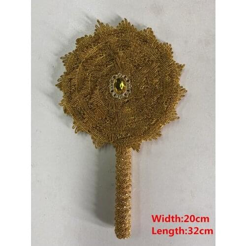 1pcs African Gold Lace Hand Fan Handmade Fans for Dance Wedding Decoration Hand Fan with Stones Double-Sided Fan