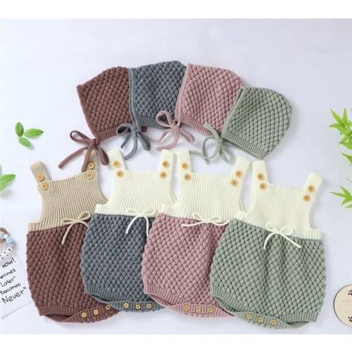 2020 Infant Knitted Romper, Baby Boys Girls Summer Autumn Sleeveless Suspender Jumpsuit+Hat Warm Soft Toddler Rompers