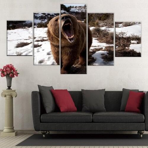 Wall Art Canvas Painting 5 Pieces Animal Brown Bear Snow Paintings Abstract Pictures Home Living Room Decor frame