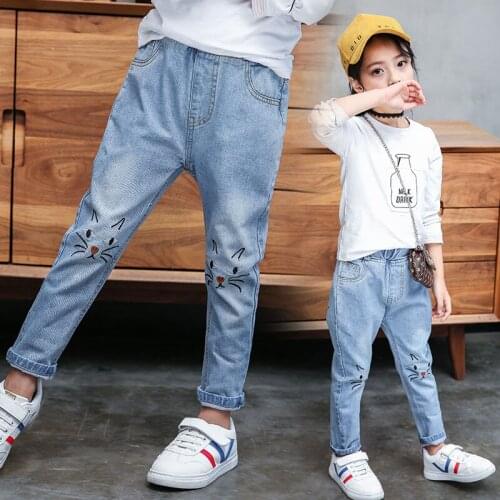 Girls Cartoon Jeans Children Clothing Girls Cat embroidery Jeans Toddler Kids Denim Trousers Baby children Broken Hole Pants