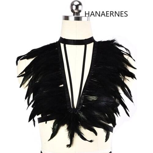 HANAERNES Black feather epaulette bra restrained shoulders holiday prom wearing steampunk goth body suspenders underwear