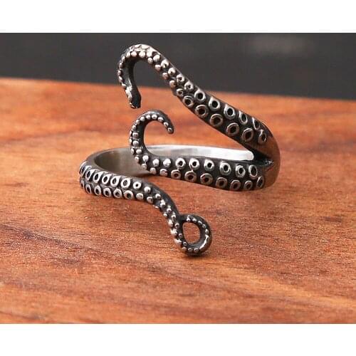 Retro Pirate Octopus Ring Men Punk Biker Men Women Ring Viking Octopus Stainless Steel Ring Opening Goth Accessories