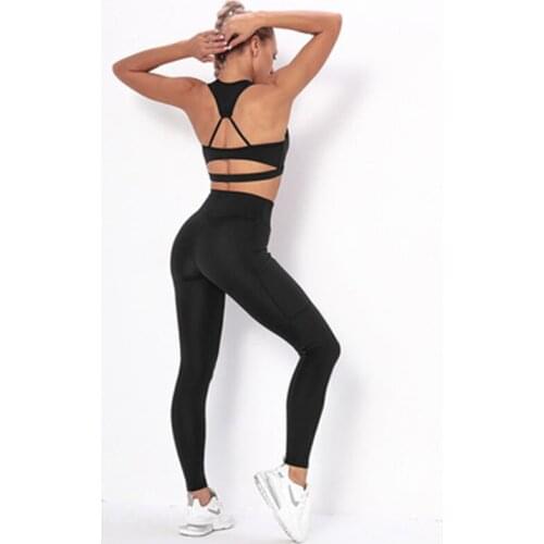 Yoga Sets Women Fitness Back Cross Bra Push Up Pocket Leggings Sports Joggings Workout Athletics Gym Quick Dry Tracksuit