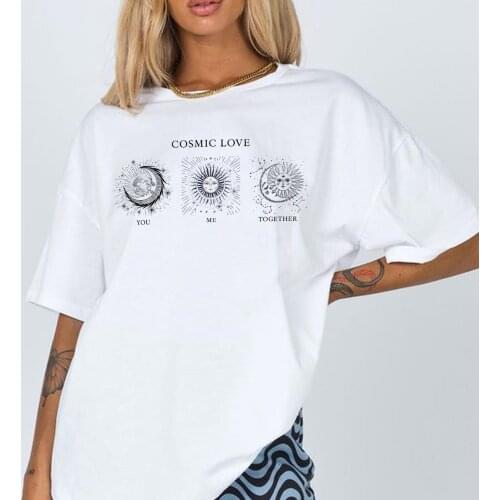 Cosmic Sun Moon Print Aesthetic Oversized T Shirt Vintage Celestial Graphic Tees Cute Streetwear Tops Women T-shirts Clothes