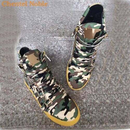 Super Brand Male Comfortable Leather Metal Decoration Men Casual Shoes Party Shoes Men Flats Zip Sneakers Camouflage Big Size