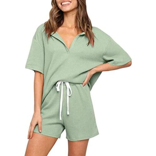 Fashion Summer New Womens Fabric V-Neck Top + Drawstring Shorts Two Piece Set Casual Solid Color Ladies Loose Suit Tracksuit