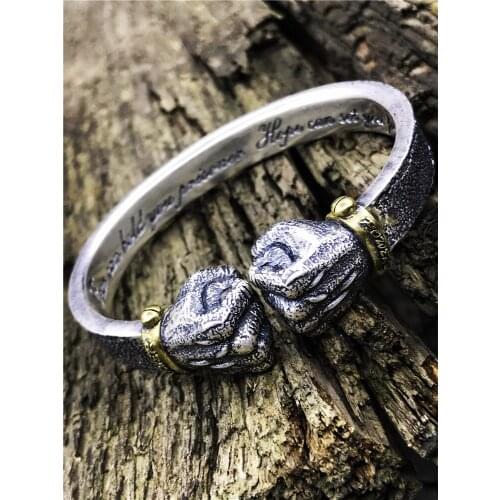 Power bracelet sterling silver s990 big fist in the grip of mens style retro hipster swashbuckling mouth power fist bracelet