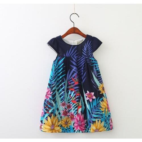 New girls dress for summer leaves Flower printed cloths Kids flying sleeves vest dress childrens clothing Birthday Costume