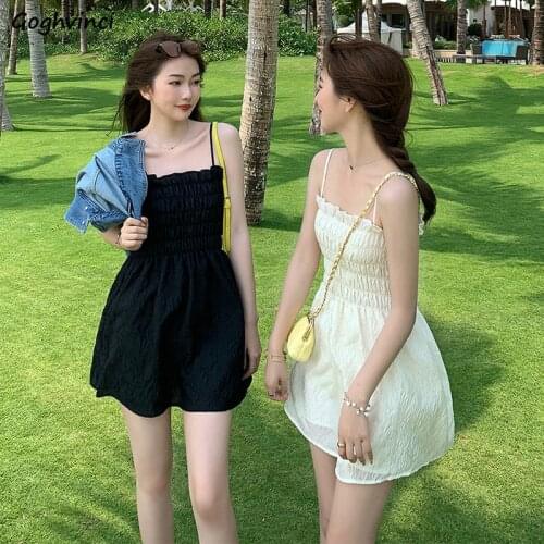 Sleeveless Dresses Women Simple Summer Elasticity Waist Elegant French Style Fashion Ulzzang Chic A-line Stylish Sundress Female