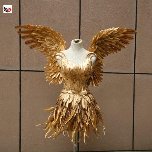 Adults Sexy Gold Dress Feather Angel wings Bar Show Costume Children' Cute Fairy Wings+Dress Nice Photography Props