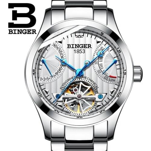Switzerland BINGER Men Automatic Watch Mechanical Watches Skeleton Wristwatches Waterproof relogio masculino Stainless Steel