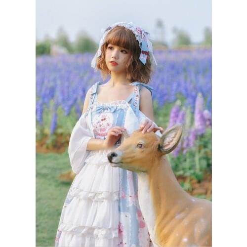 Lolita strap dress vintage falbala bowknot cute printing high waist princess victorian dress kawaii girl gothic lolita cos loli