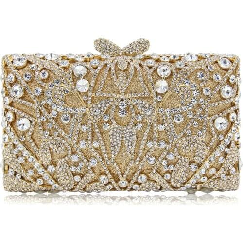 XIYUAN Floral Golden Metal Women Clutches Bags White Crystal Evening Clutch Purse Hollow Out Celerity Dinner Clutch Handbags