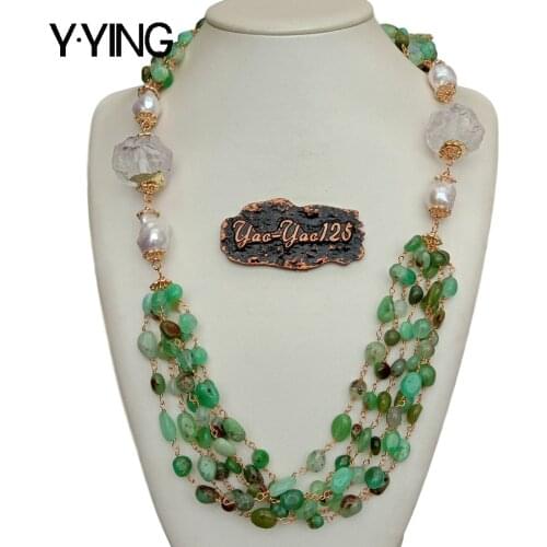 Y·YING 5 Strands Natural Green Chrysoprase Quartzs Rough White Keshi Pearl statement Necklace 30" for women