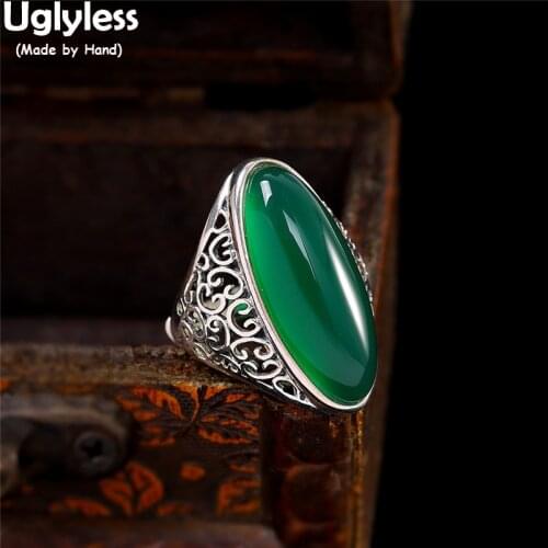 Uglyless Exaggerated Wide Rings for Women Hollow Vines Oval Gemstones Open Rings Real 925 Silver Chalcedony Jewelry Retro Bijoux