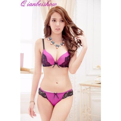 Womens Bra and Panties Match Sexy Thong Bra Set Sexy Lace Underwear Charming Deep V Lingerie Padded Cup Brassiere Pink Purple