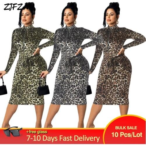 Bulk Items Wholesale Lots Womens Midi Dress Fashion Chic Cheetah Print Full Sleeve Skinny Robe Autumn Classic Party Dresses