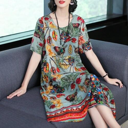 Plus size Elegant chiffon Silk Dress 2019 Summer Casual Vintage o-Neck Women Dresses Fashion Patchwork Print Dresses Vestidos