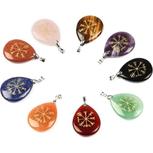 1PC 24x36mm Religious Vegvisir Compass Guardian Jewellery Natural Stone Obsidian Water Drop Pendant Making DIY Necklace Pendant