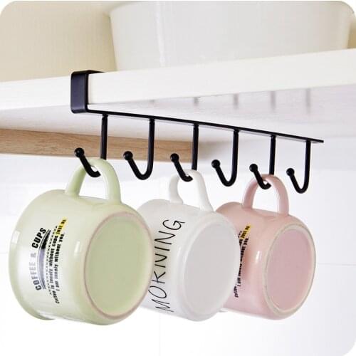 1pc 6 Hooks Cup Iron Kitchen Storage Rack Cupboard Hanging Hook Shelf Dish Hanger Shelf Bathroom Organizer Holder Home Cocina