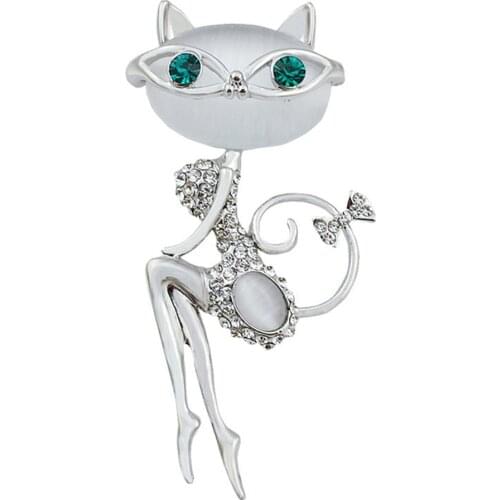 2021 Cute Crystal Little Cat Brooch Pins For Women Sexy Green Eyes Rhinestone Kitten Corsage Wedding Fashionable Style