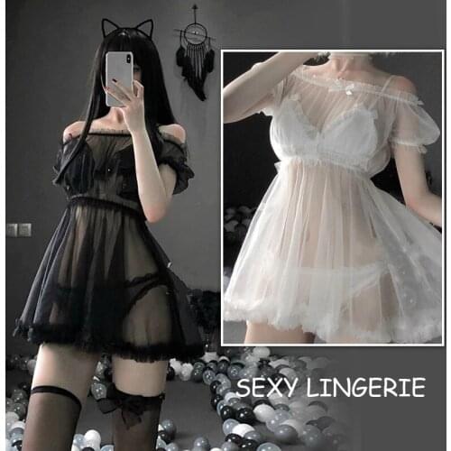 White Erotic Perspective Out Lace Sleepwear Female Temptation Sexy Lingerie Women Nightgown Lace Sheer Nightwear Sleeping Dress