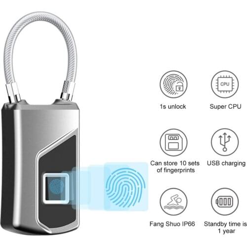 Household Fingerprint LockBluetooth Padlock Keyless Anti-Theft Padlock Doorlock Security Luggage Bag Household Lock Silve Black