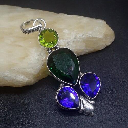 Gemstonefactory Jewelry Big Promotion 925 Silver Elegant Shiny Blue Green Topaz Peridot Women Ladies Gifts Necklace Pendant 0849