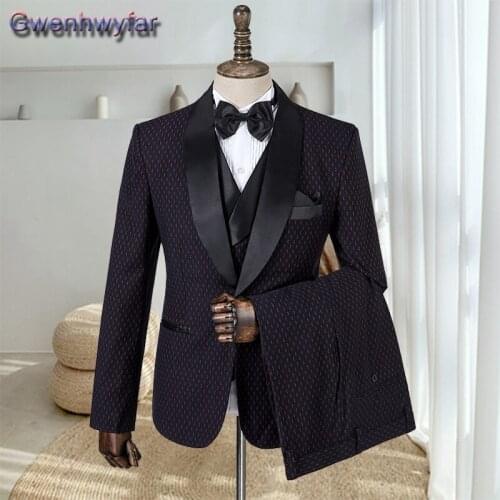Gwenhwyfar Black Shawl Lapel Gentlemen Suits Custom Made 3 Pcs Groom Meriage Wedding Party Tuxedos Autumn Winter Casual Pant Set