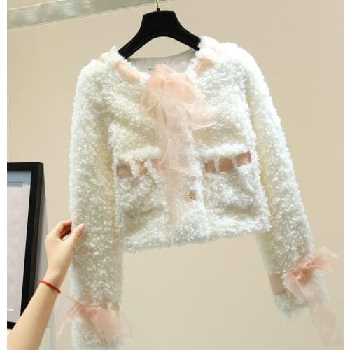 2020 Autumn Winter Womans Korean-Style Slim Elegant Bow Bandage Lamb Wool Short Jacket Girls Student Long Sleeve Casual Coat