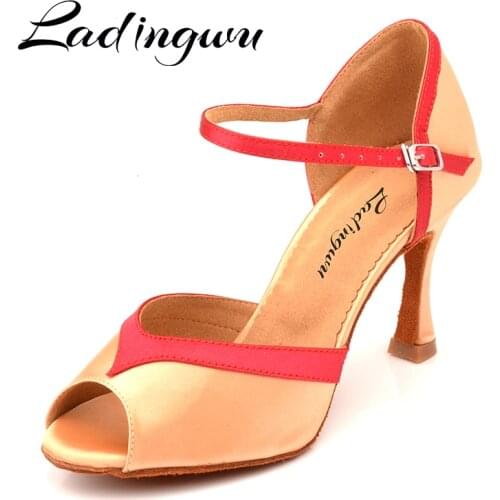 Ladingwu Salsa Dance Shoes Ballroom Dance Shoes Women Apricot Blue Satin Salsa Latin Tango Dance Shoes Women Soft Bottom