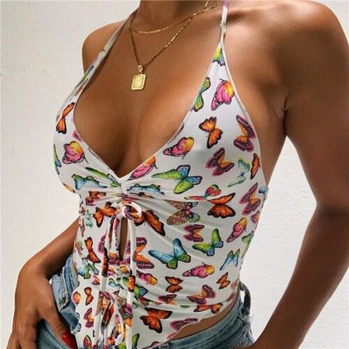 Y2K Butterfly Camis Ruched Tie Up Crop Tops Harajuku Tank Top Backless Halter Cute Tees Tops Women Party Beach Streetwear