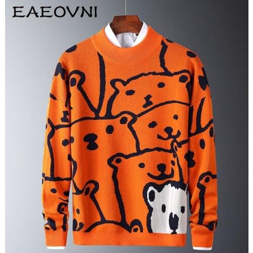 EAEOVNI Mens Autumn Casual Sweaters Polar Bear Pattern Trendy Slim Sweatshirt Cotton Long Sleeve Male Warm Pullovers Orange Tops