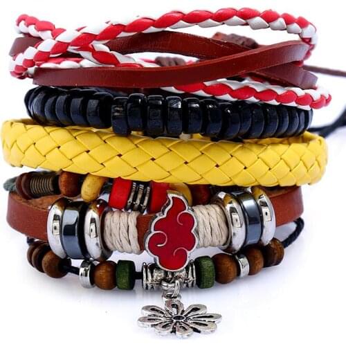 Hippie Women Colorful Leather Bracelets Set Flower Fire Cloud Beads Charm Bangles Multilayer Wristbands Handmade Fashion Jewelry
