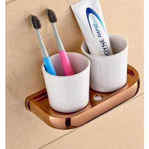 Wall Mounted Luxury Rose Gold Brass Bathroom Toothbrush Holder Set Bathroom Accessory Dual Ceramic Cup mba870