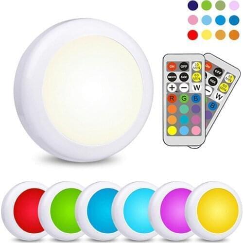 RGB Puck LED Light Night Lights Remote Control Battery Powered Dimmable Multicolor Lamp Kitchen Under Cabinet Closet Nightlight