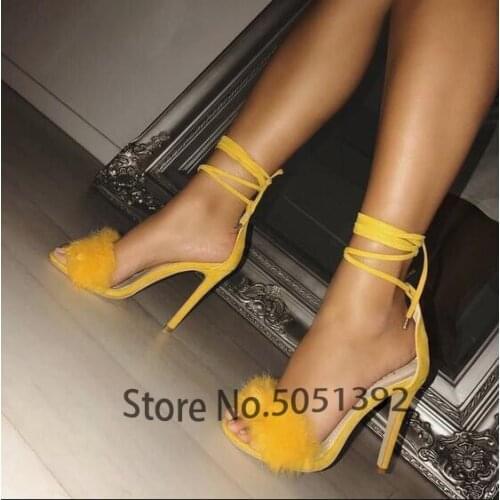 High Heel Fur Stiletto Sandals Open Toe Summer Women Dress Shoes One Strap Ankle Tie Cut Out Cover Heel Bridal Sandals Footwear