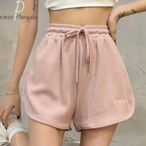 Polyester Casual Pink Letter Shorts Women Summer Sexy High Waist Shorts Fitness Female Vintage Belt Loose Split Fork Shorts 2021