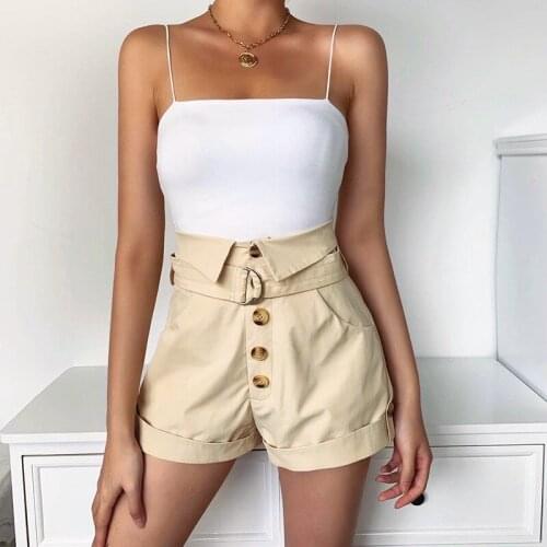 Ladies Solid Fashion Shorts Buttons Belted High Waist Hot Pants Women Ruched Slimming Bottoms Clothes Casual Beach Khaki S M L