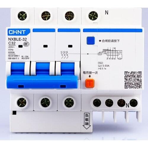 CHINT AC230/400V NXBLE-32 3P+N residual current device C 6 10 16 20 25 32A Electromagnetic release type C overload protection