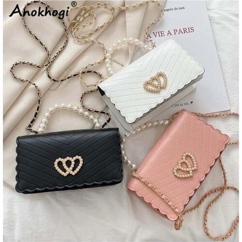 All New Women Pearl Handle Exquisite Square Evening Party Bag Ladies Fashion Chain Sling Shoulder Bag