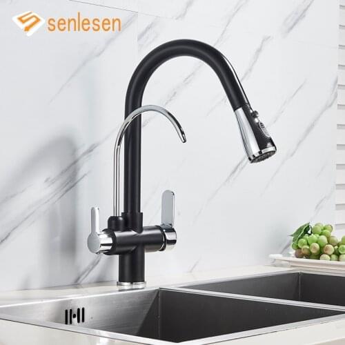 Senlesen Black Chrome Pull Out Kitchen Faucet Pure Water Brass Three Ways Hot and Cold Sink Mixer Tap