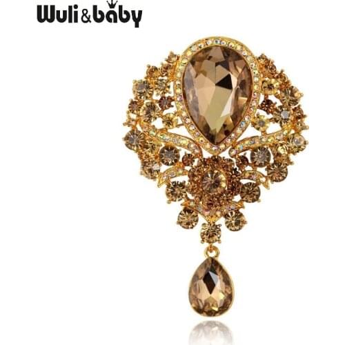 Wuli&baby Big Crystal Waterdrop Flower Brooches Women Palace Style Flower Weddings Party Casual Brooch Pins Gifts