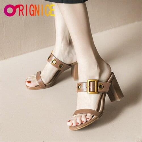Orignice Summer Women Thick High Heel Slippers Fashion Buckle Square Toe Gladiator Sandals Slides Dress Prom Shoes Large Size 43